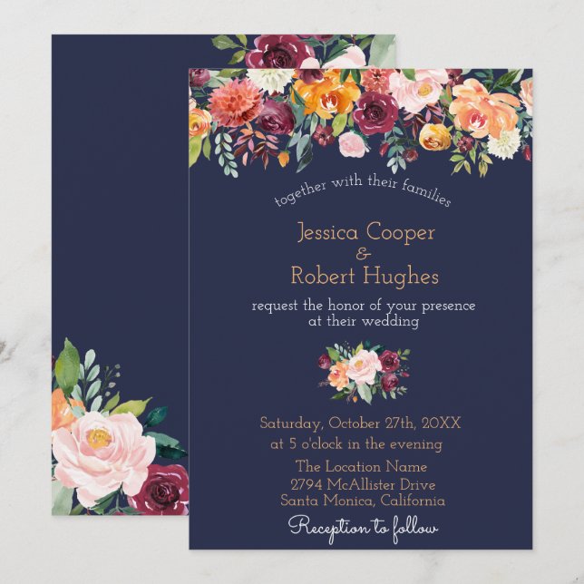 Watercolor Floral Navy Blue Wedding Invitation (Front/Back)