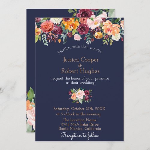 Watercolor Floral Navy Blue Wedding Invitation