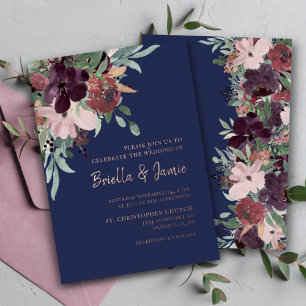 Watercolor Floral Navy Plum & Rose Gold Wedding Foil Invitation