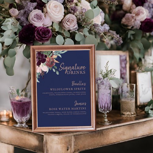Watercolor Floral Navy Plum  Rose Signature Drink Poster