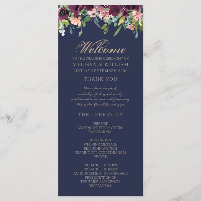 Watercolor Floral Navy Wedding Program (Front)