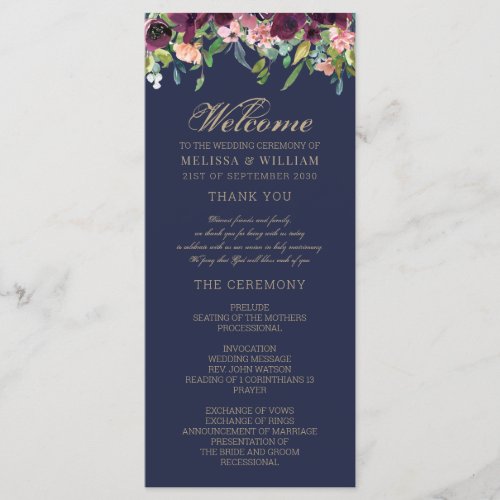 Watercolor Floral Navy Wedding Program