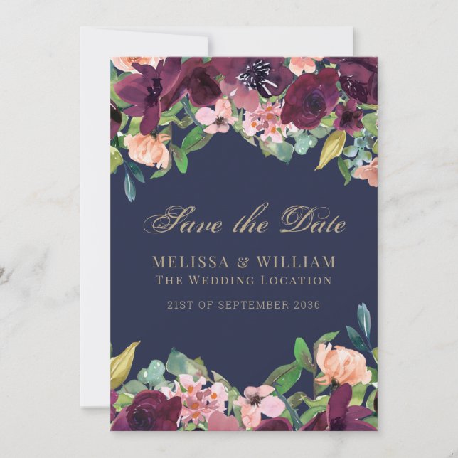 Watercolor Floral Navy Wedding Save The Date (Front)