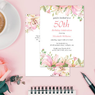 Watercolor floral of soft pink lilies birthday invitation
