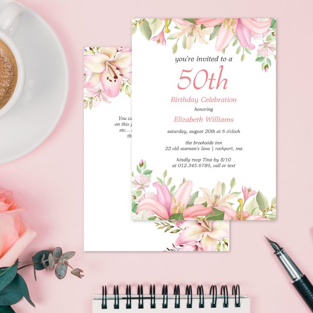 Watercolor floral of soft pink lilies birthday invitation (Creator Uploaded)