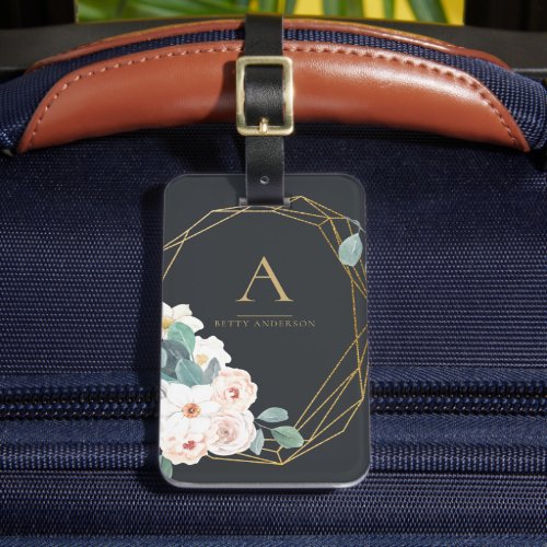 Watercolor Floral on Black  Gold Monogram Luggage Tag