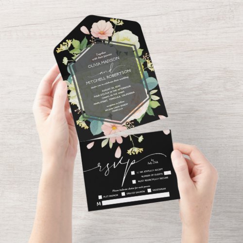 Watercolor Floral on Black Wedding All In One Invitation