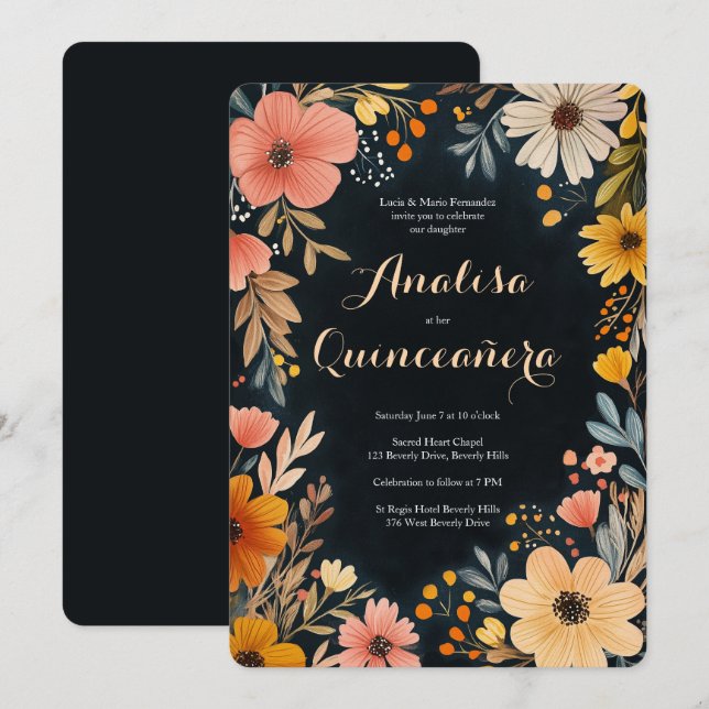 Watercolor Floral on Dark Quinceañera CUSTOM  Invitation (Front/Back)