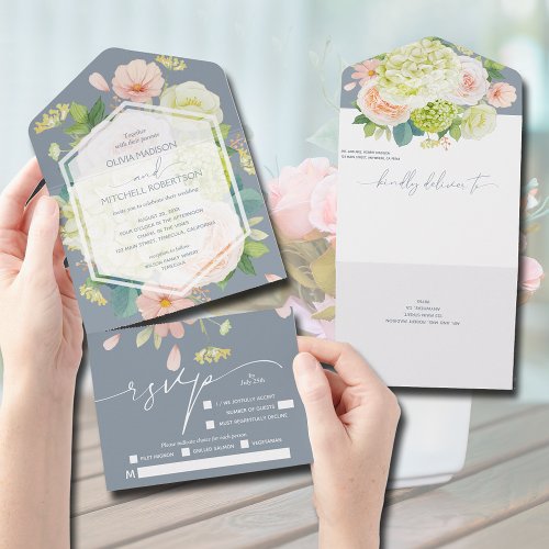 Watercolor Floral on Dusty Blue Wedding All In One Invitation