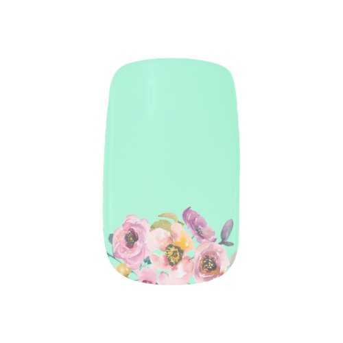 Watercolor Floral on Neo Mint Minx Nail Art