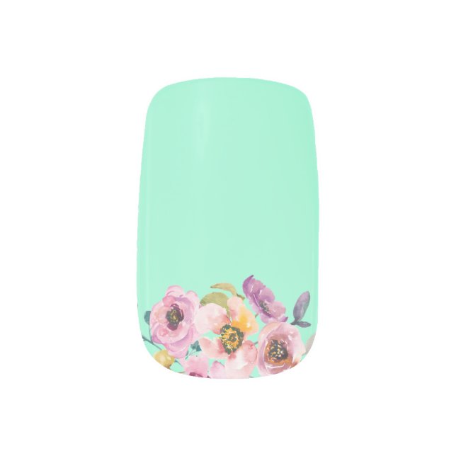 Watercolor Floral on Neo Mint Minx Nail Art (Left Thumb)