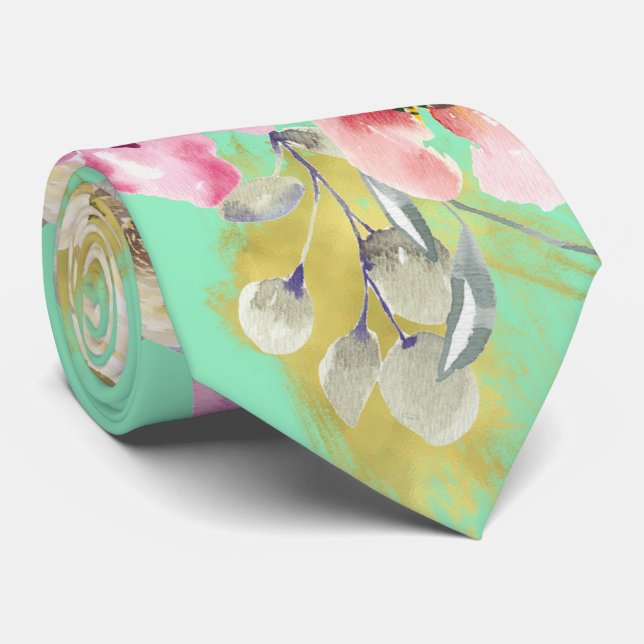 Watercolor Floral on Neo Mint Neck Tie (Rolled)