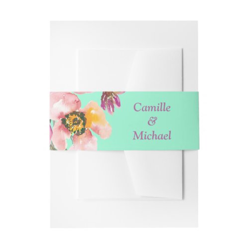 Watercolor Floral on Neo Mint Wedding Invitation Belly Band