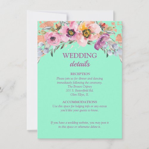 Watercolor Floral on Neo Mint Wedding Reception Invitation