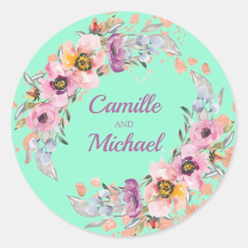 Watercolor Floral on Neo Mint with Rose Gold Classic Round Sticker