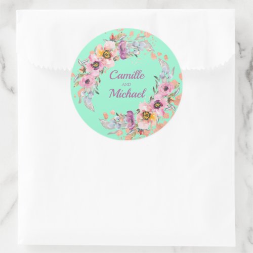 Watercolor Floral on Neo Mint with Rose Gold Classic Round Sticker