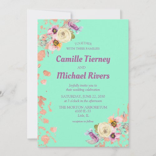 Watercolor Floral on Neo Mint with Rose Gold Invitation