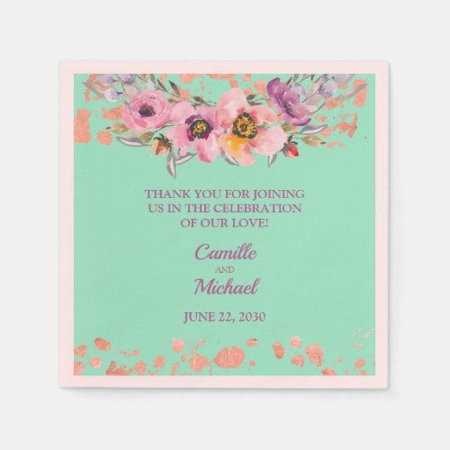 Watercolor Floral on Neo Mint with Rose Gold Napkins