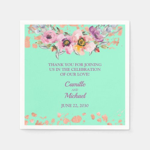 Watercolor Floral on Neo Mint with Rose Gold Napkins