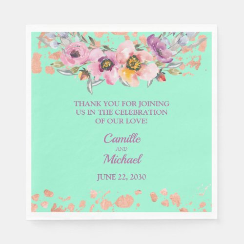 Watercolor Floral on Neo Mint with Rose Gold Napkins