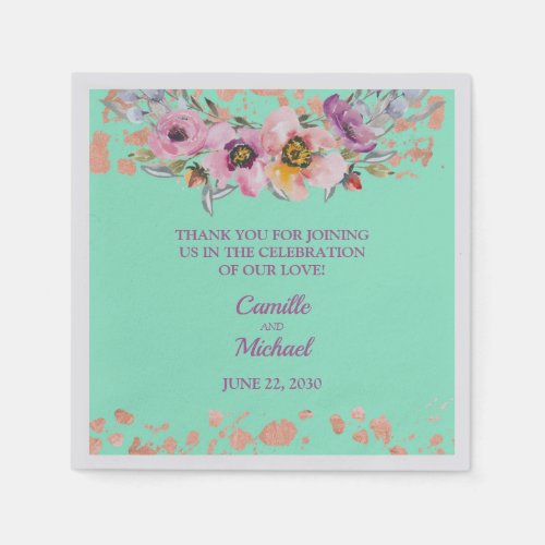 Watercolor Floral on Neo Mint with Rose Gold Napkins