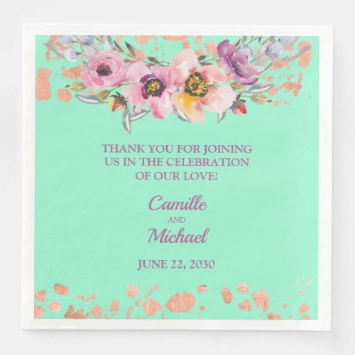 Watercolor Floral on Neo Mint with Rose Gold Paper Dinner Napkins