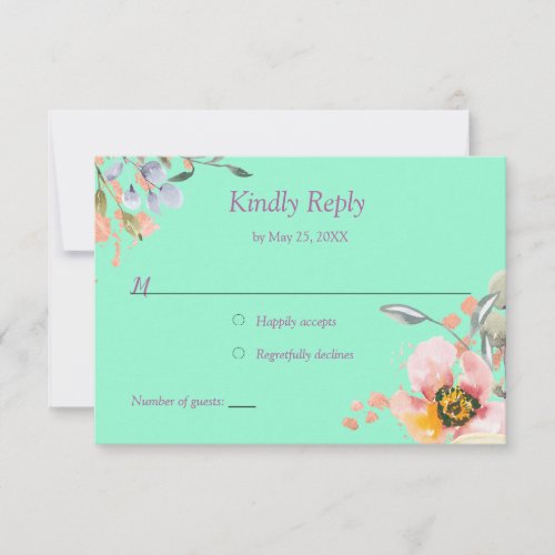 Watercolor Floral on Neo Mint with Rose Gold RSVP Card