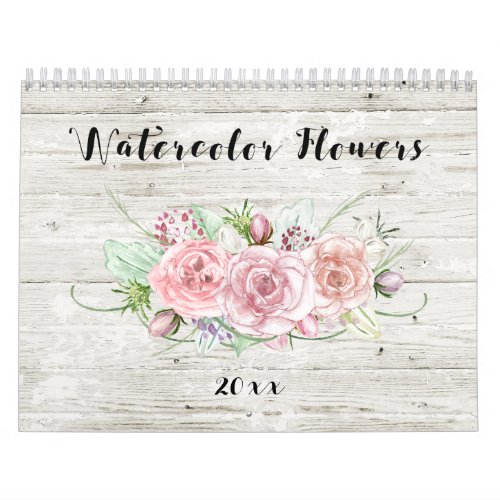 Watercolor Floral on Rustic Wood Calendar