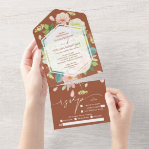 Watercolor Floral on Terracotta Wedding All In One Invitation