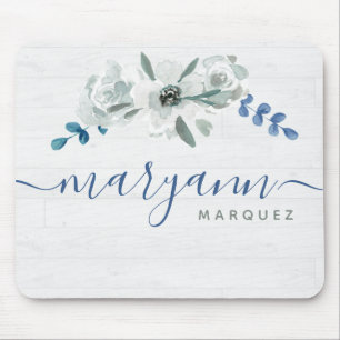 Watercolor floral on white wood Personalized name Mouse Pad