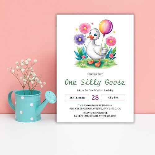 Watercolor Floral One Silly Goose First Birthday Invitation