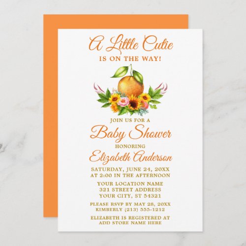 Watercolor Floral Orange Baby Shower Little Cutie Invitation
