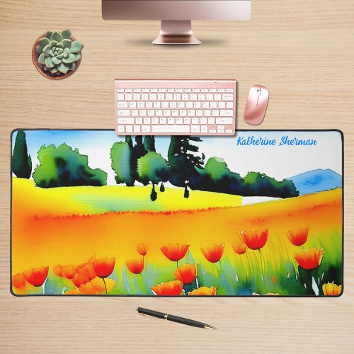 Watercolor Floral Orange California Poppies Meadow Desk Mat