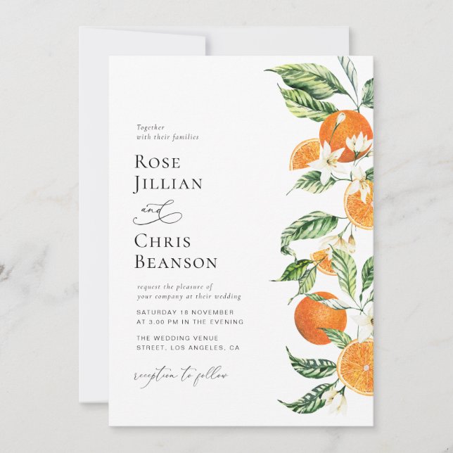 Watercolor floral orange citrus Wedding Invitation (Front)