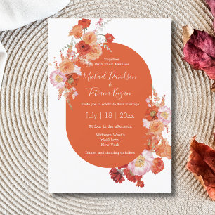 watercolor floral orange pink brown chic wedding  invitation