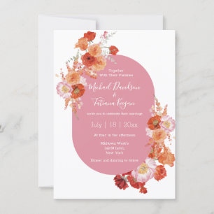 watercolor floral orange pink & summer wedding  invitation