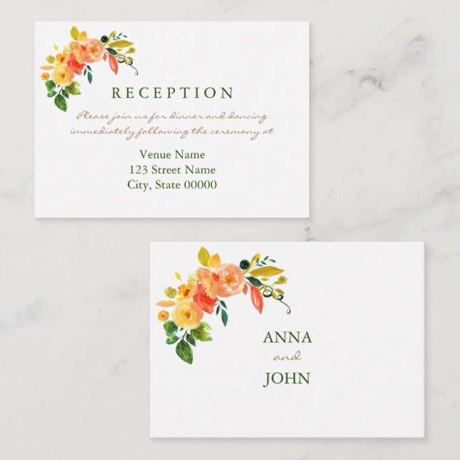 Watercolor floral orange Reception Enclosure Card (Front/Back)