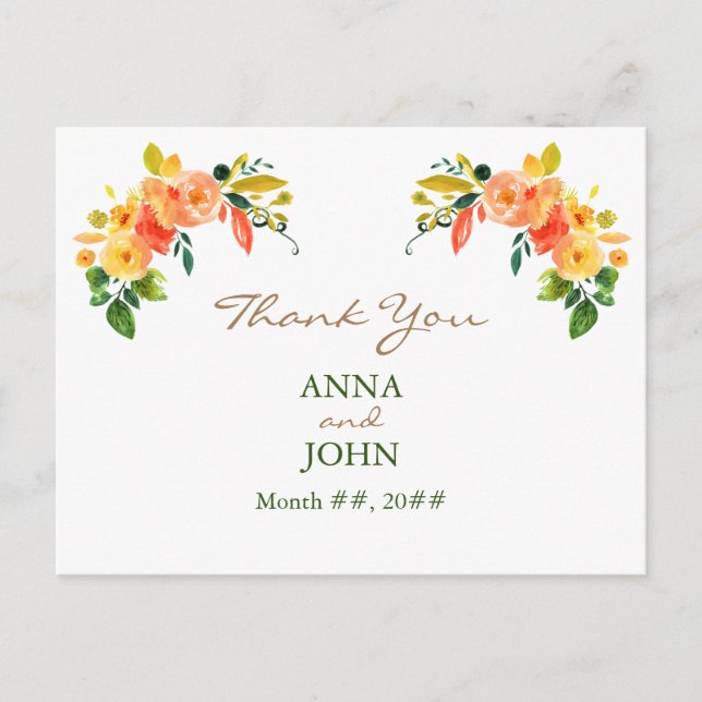Watercolor floral orange Thank You Postcard (Front)