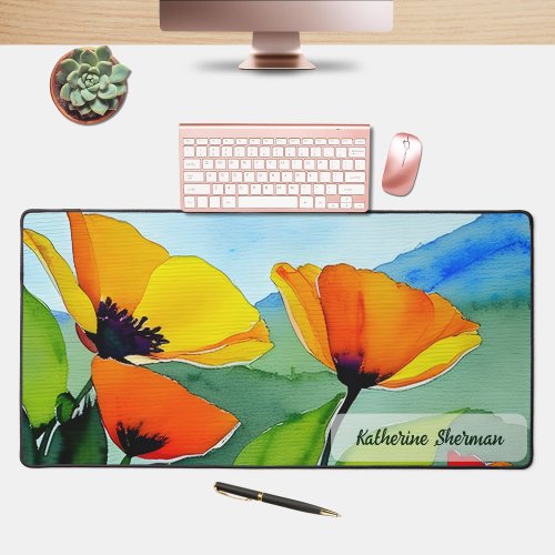 Watercolor Floral Orange Yellow California Poppies Desk Mat