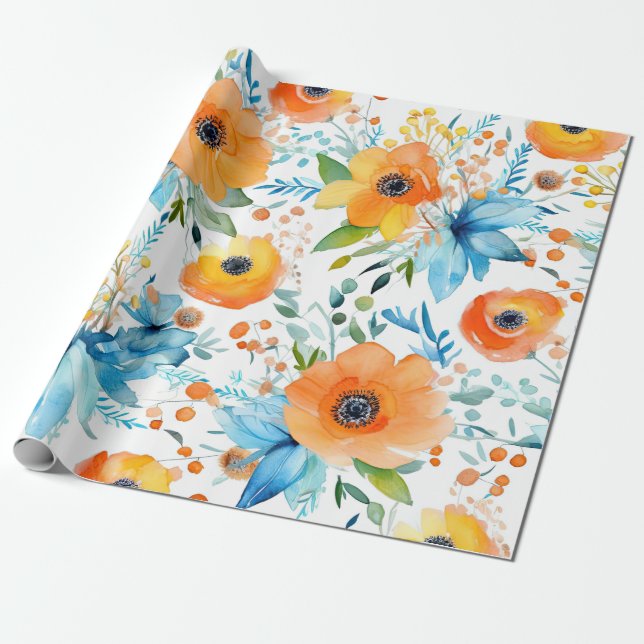 Watercolor Floral Oranges and Blues Wrapping Paper (Unrolled)