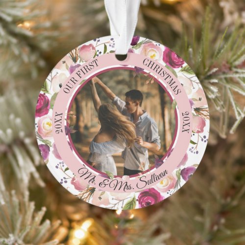 Watercolor Floral Our First Christmas Couple Photo Ornament