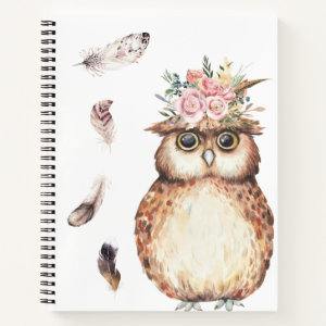 Watercolor Floral Owl & Feathers Notebook