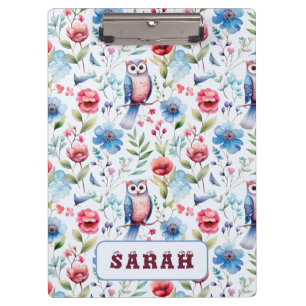 Watercolor Floral Owl Seamless Pattern Clipboard