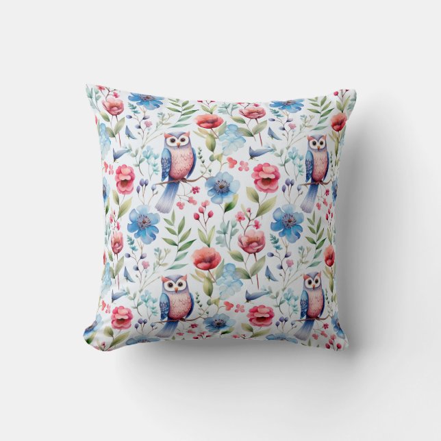 Watercolor Floral Owl Seamless Pattern Throw Pillow (Front)