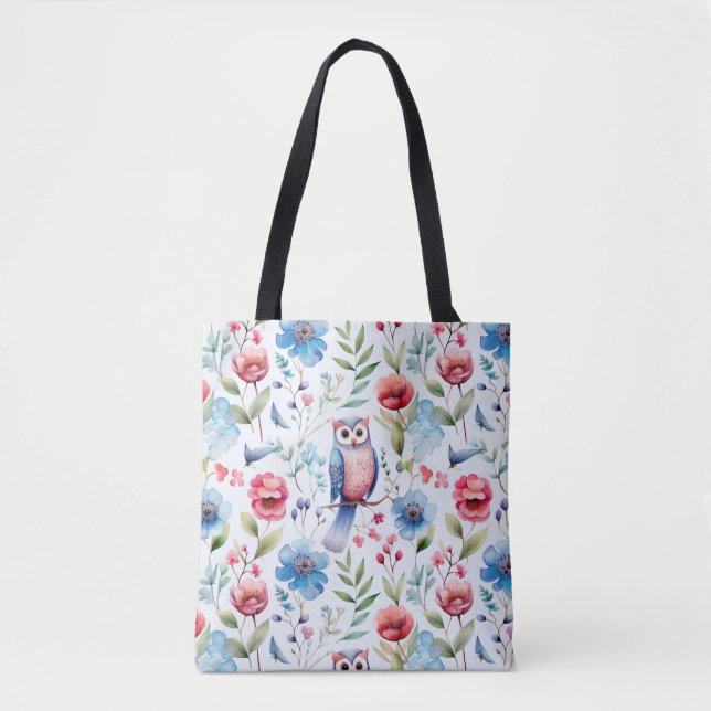 Watercolor Floral Owl Seamless Pattern Tote Bag (Front)
