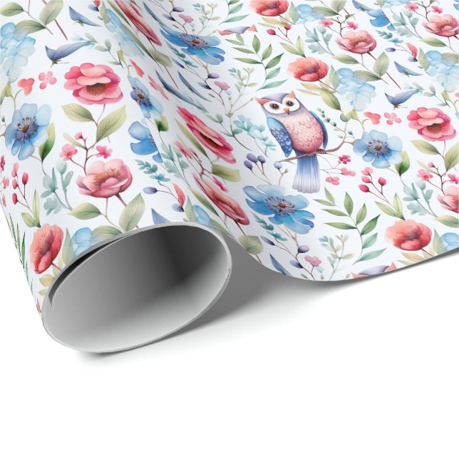 Watercolor Floral Owl Seamless Pattern Wrapping Paper (Roll Corner)