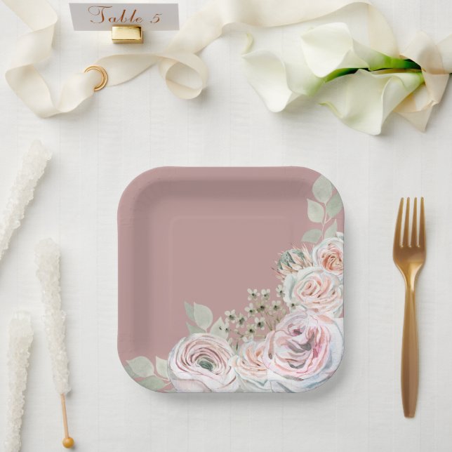 Watercolor Floral Pale pink Birthday Paper Plates (Wedding)