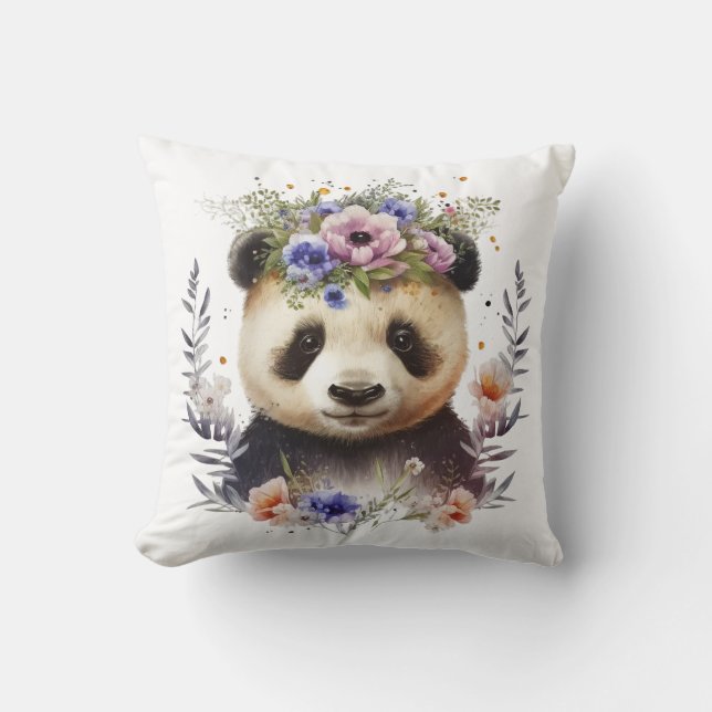 Watercolor Floral Panda Cute Throw Pillow (Front)