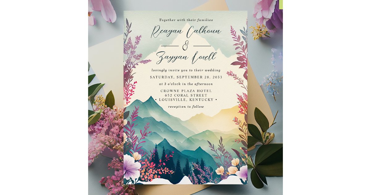 Watercolor Floral Pastel Spring Mountains Wedding Invitation | Zazzle