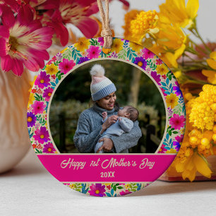 Watercolor Floral Pattern 1st Mother's Day Photo Ceramic Ornament